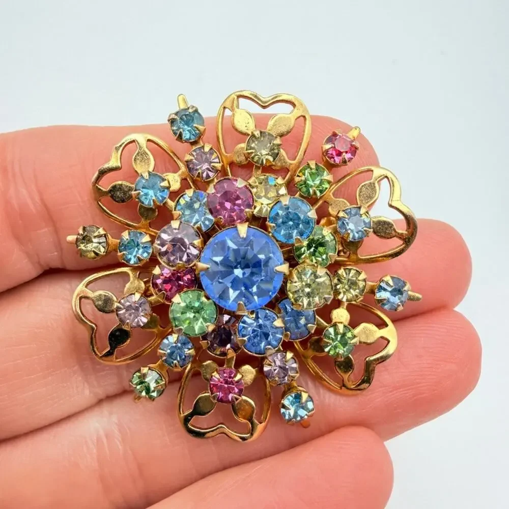 Vintage Pastel Rhinestone Flower Brooch Gold Tone Filigree Blue Pink Floral Pin